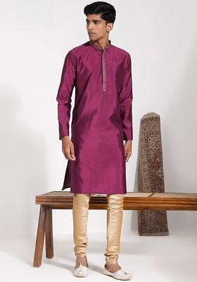 Purple Embroidered Silk Kurta Set For Men