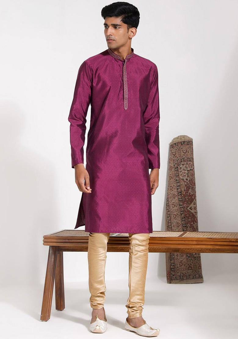 Purple Embroidered Silk Kurta Set For Men