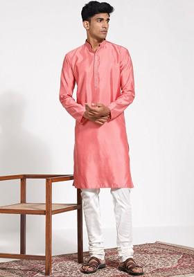Pink Embroidered Silk Kurta Set For Men