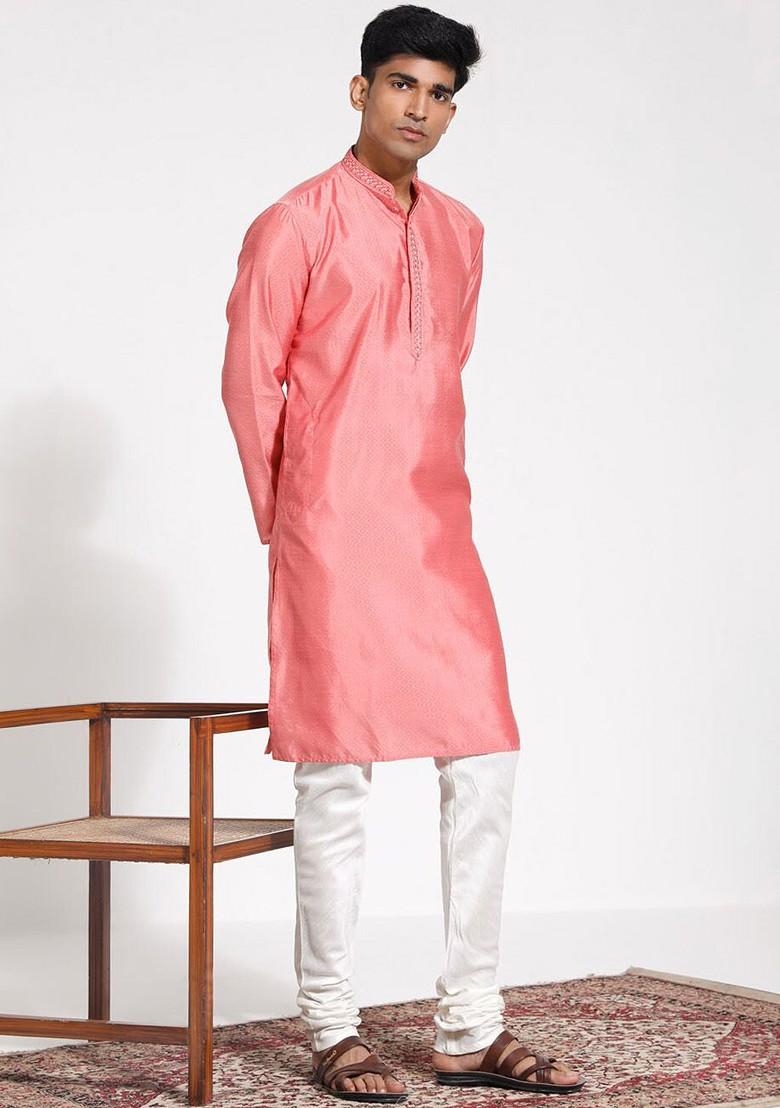 Pink Embroidered Silk Kurta Set For Men