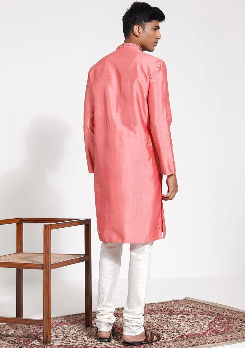 Pink Embroidered Silk Kurta Set For Men