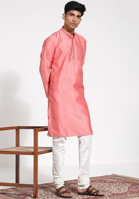 Pink Embroidered Silk Kurta Set For Men