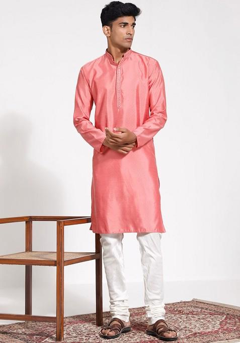 Pink Embroidered Silk Kurta Set For Men