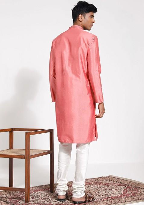 Pink Embroidered Silk Kurta Set For Men