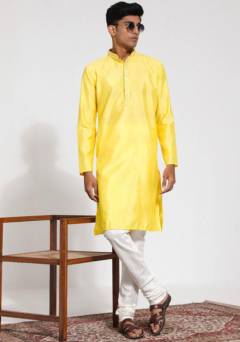 Yellow Embroidered Silk Kurta Set For Men