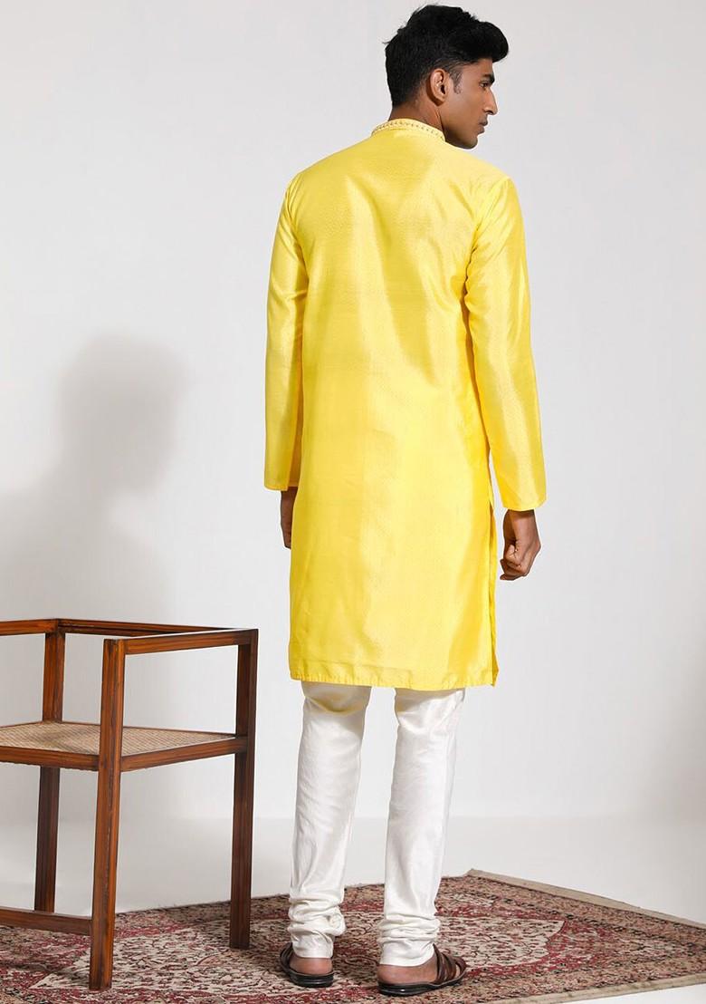 Yellow Embroidered Silk Kurta Set For Men