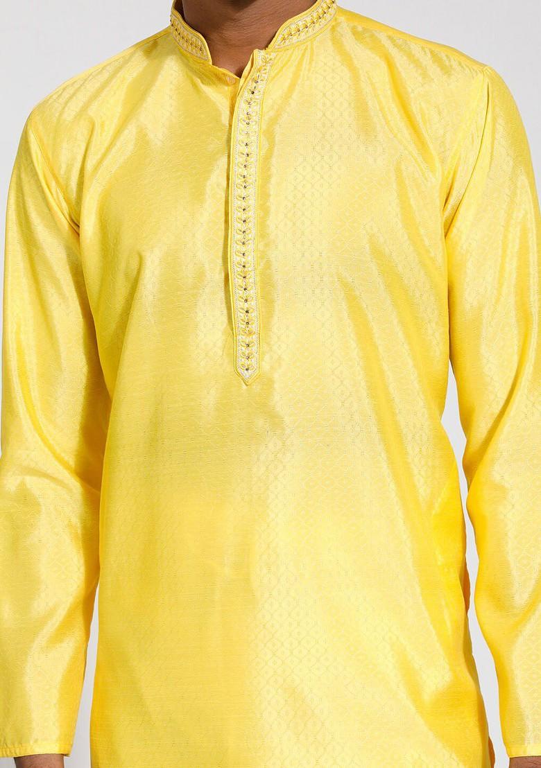 Yellow Embroidered Silk Kurta Set For Men