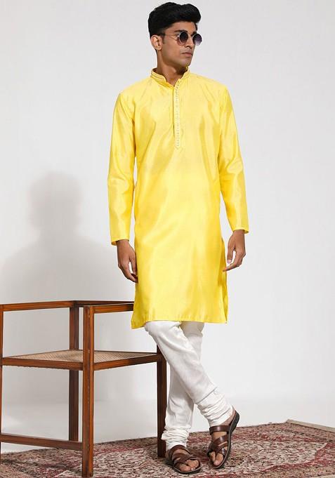 Yellow Embroidered Silk Kurta Set For Men