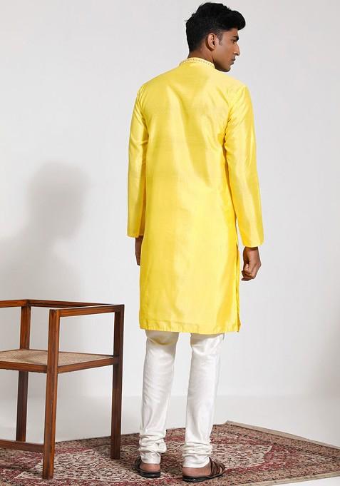 Yellow Embroidered Silk Kurta Set For Men