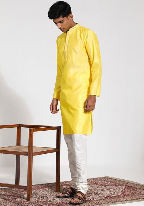 Yellow Embroidered Silk Kurta Set For Men
