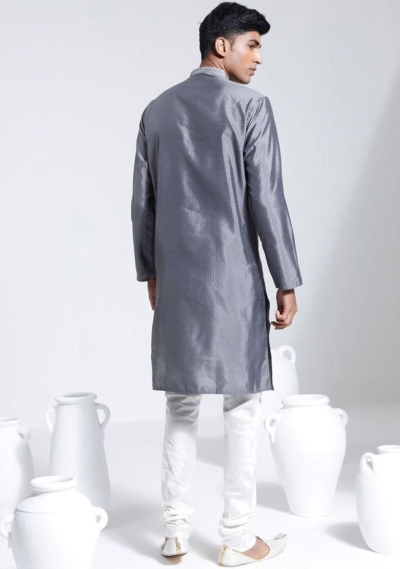 Grey Embroidered Silk Kurta Set For Men