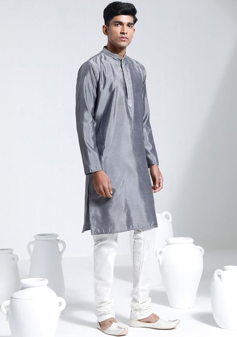 Grey Embroidered Silk Kurta Set For Men