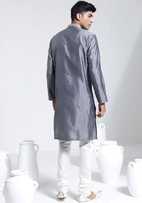 Grey Embroidered Silk Kurta Set For Men