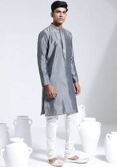 Grey Embroidered Silk Kurta Set For Men