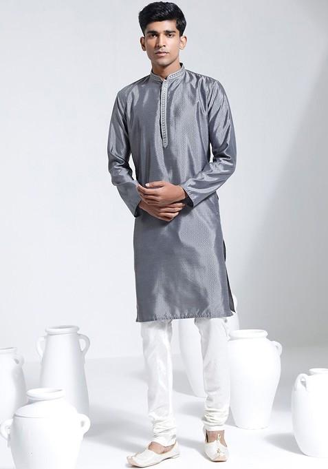 Grey Embroidered Silk Kurta Set For Men