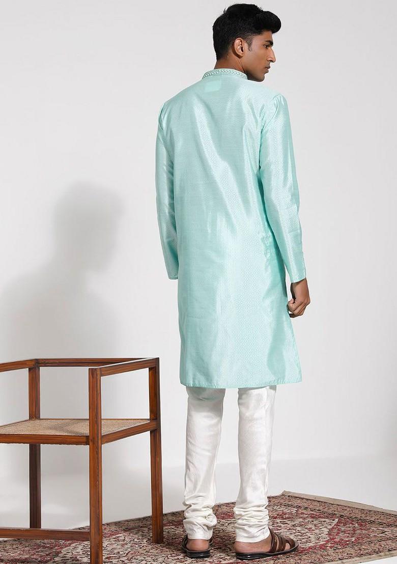 Green Embroidered Silk Kurta Set For Men