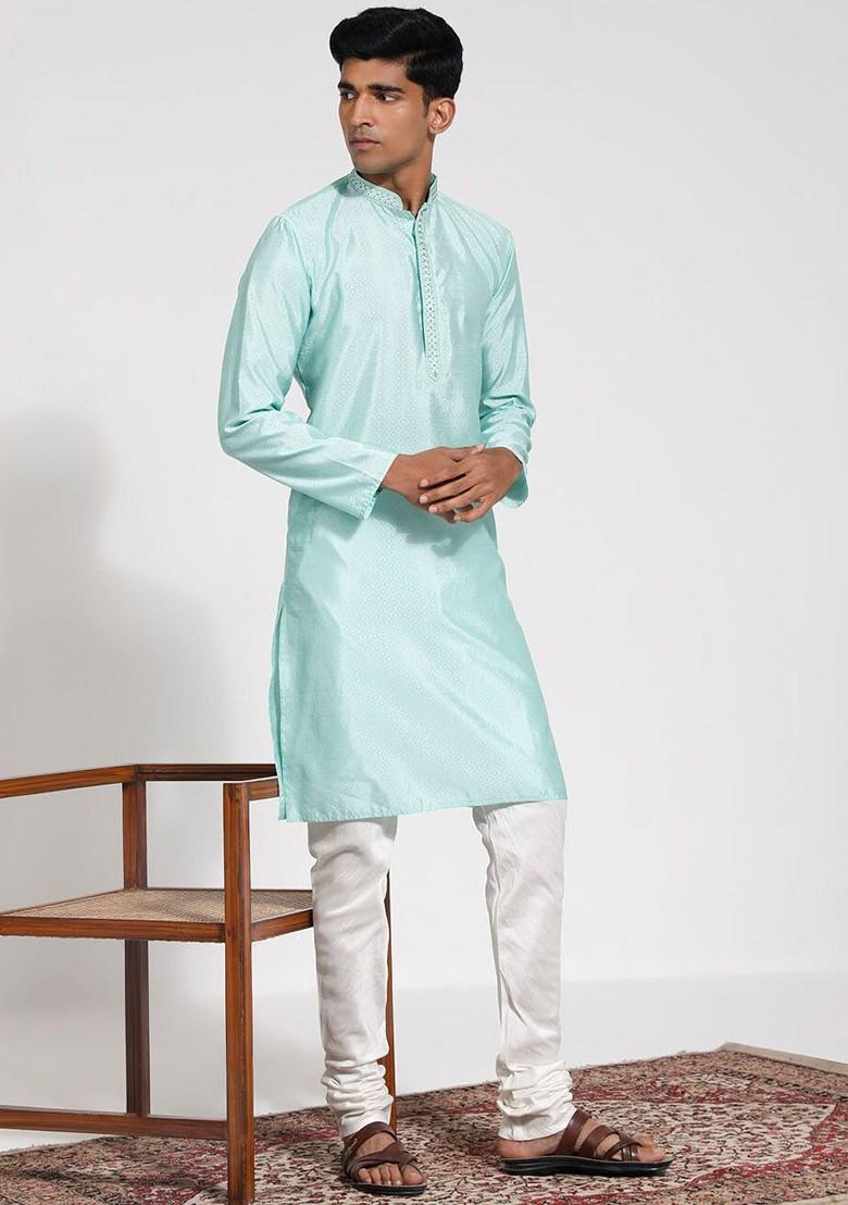Green Embroidered Silk Kurta Set For Men