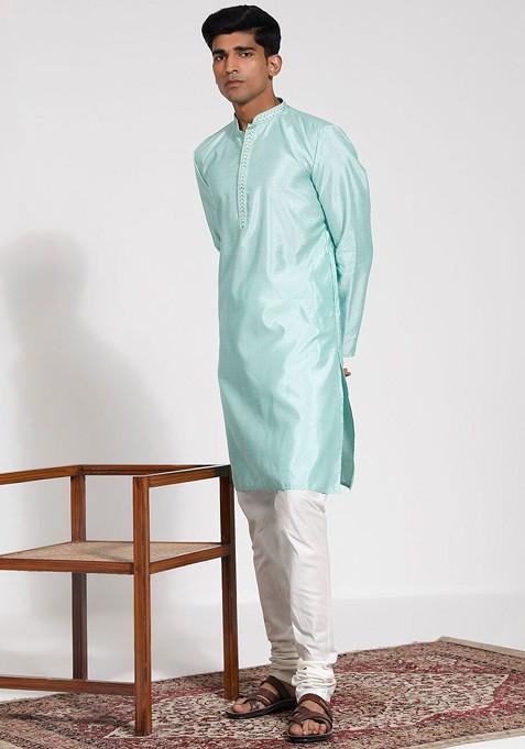 Green Embroidered Silk Kurta Set For Men