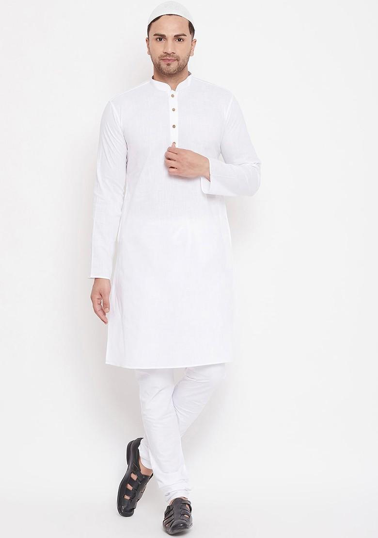 White Solid Cotton Kurta Set For Men