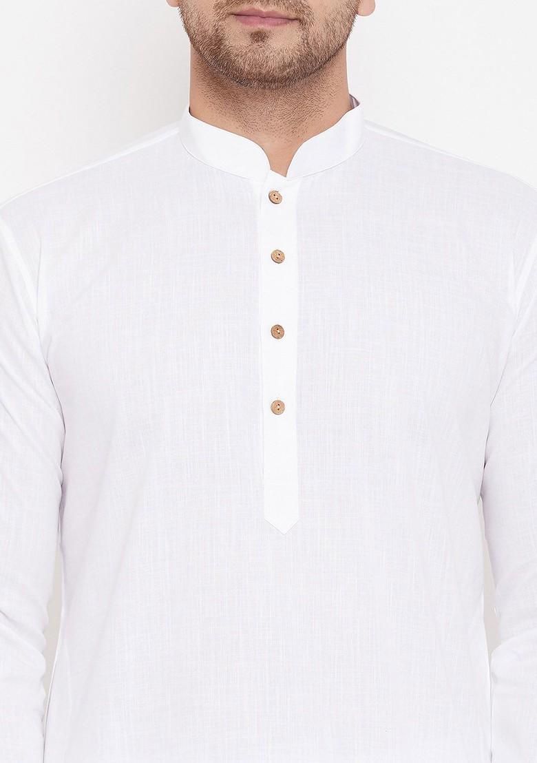 White Solid Cotton Kurta Set For Men