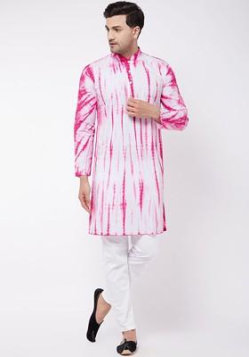 Pink Tie And Dye Cotton Kurta Set For Men