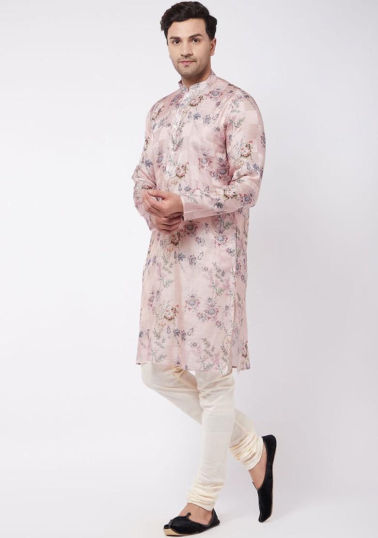 Pink Floral Print Poly Blend Kurta Set For Men