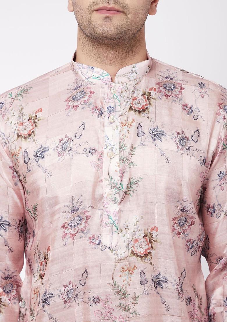 Pink Floral Print Poly Blend Kurta Set For Men