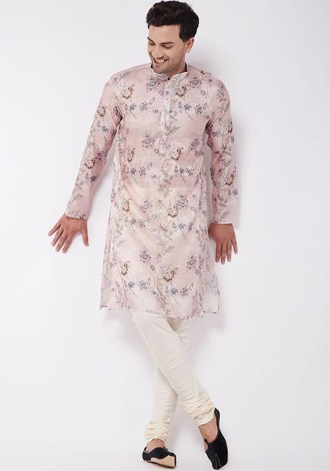 Pink Floral Print Poly Blend Kurta Set For Men