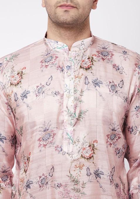 Pink Floral Print Poly Blend Kurta Set For Men