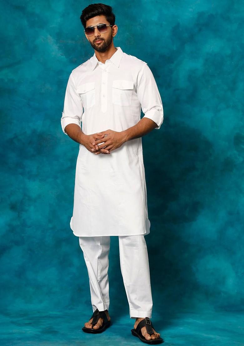 White Solid Pathani Kurta Set For Men