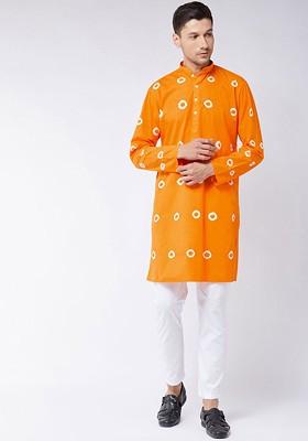 Orange Tie And Dye Cotton Kurta Set For Men