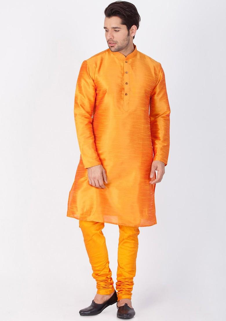 Orange Solid Poly Blend Kurta Set For Men