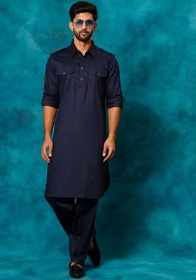 Navy Blue Solid Poly Blend Kurta Set For Men