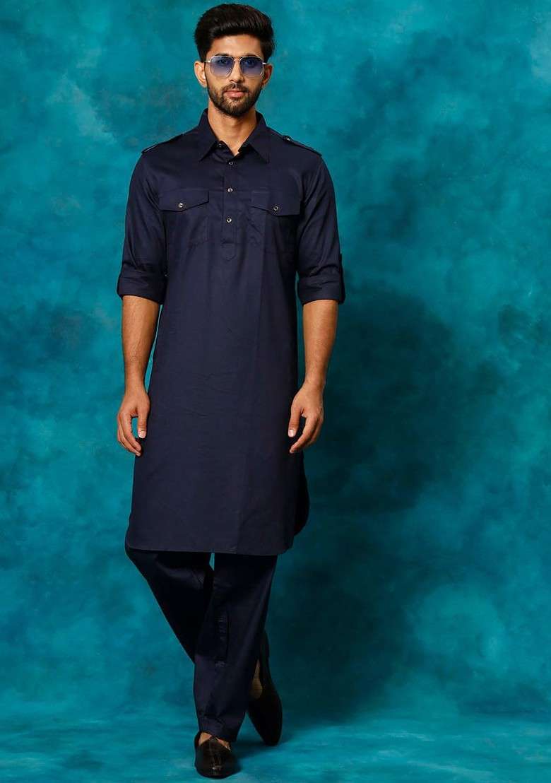 Navy Blue Solid Poly Blend Kurta Set For Men - Indya
