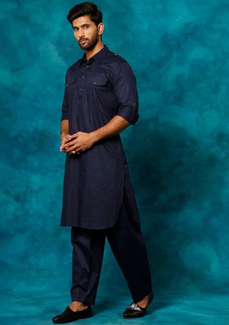 Navy Blue Solid Poly Blend Kurta Set For Men