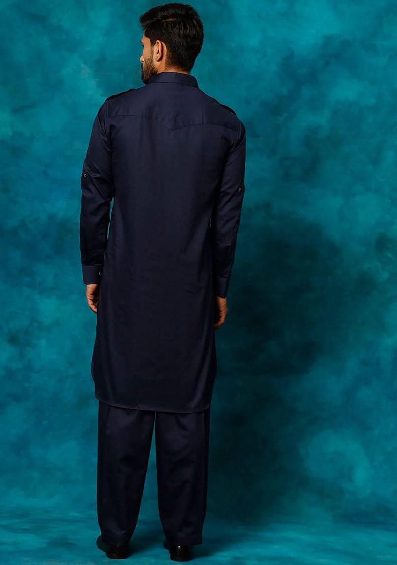Navy Blue Solid Poly Blend Kurta Set For Men