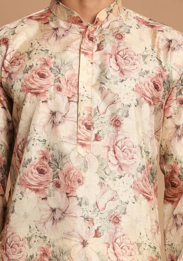 Brown Floral Print Poly Blend Kurta Set For Men