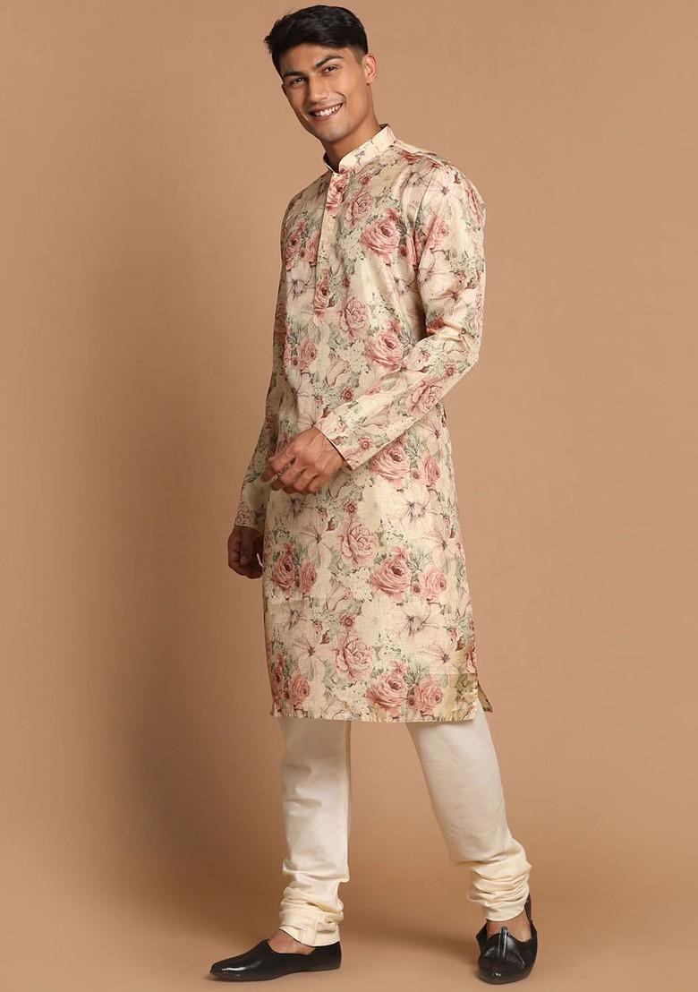 Brown Floral Print Poly Blend Kurta Set For Men