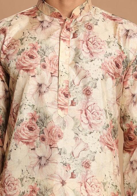 Brown Floral Print Poly Blend Kurta Set For Men