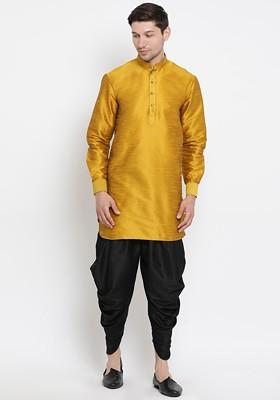 Mustard Solid Poly Blend Kurta Set For Men