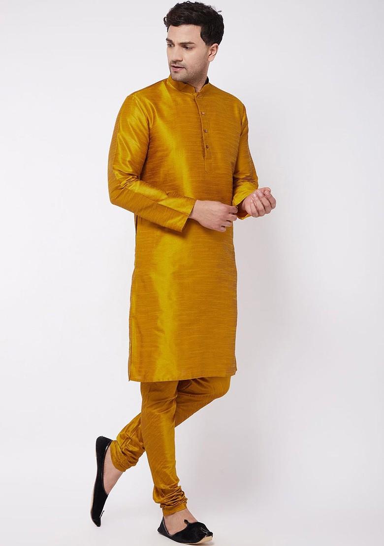 Mustard Solid Poly Blend Kurta Set For Men
