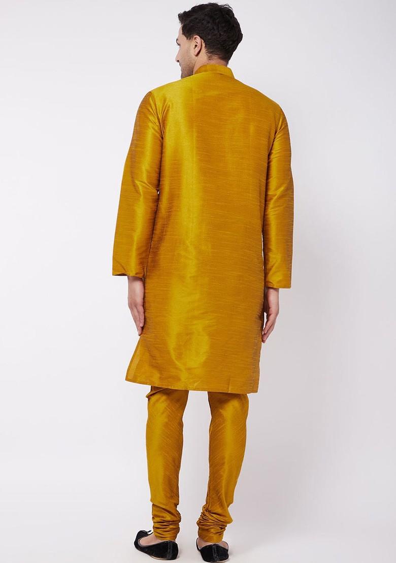 Mustard Solid Poly Blend Kurta Set For Men