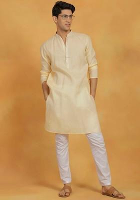 Cream Thread Work Poly Blend Kurta Set For Men