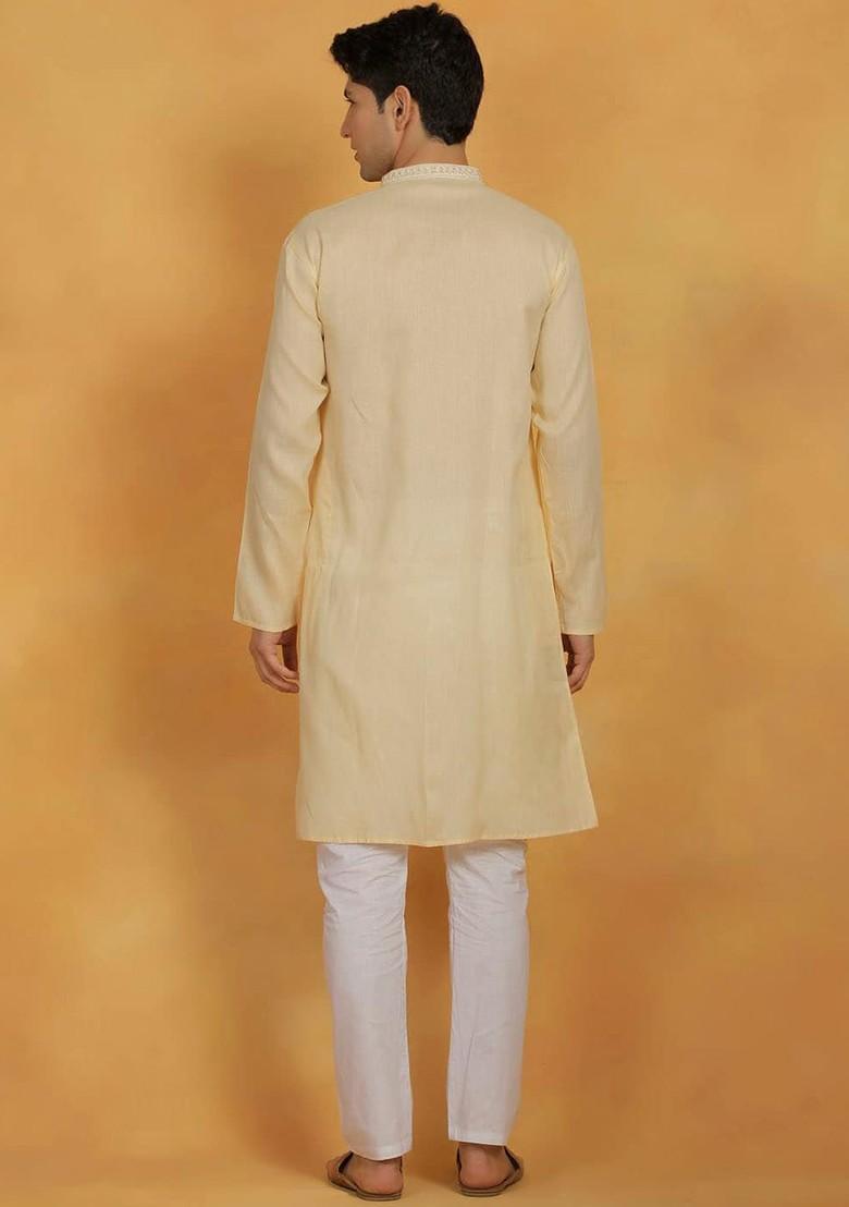 Cream Thread Work Poly Blend Kurta Set For Men