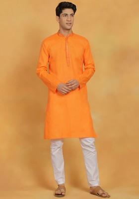 Orange Floral Print Poly Blend Kurta Set For Men