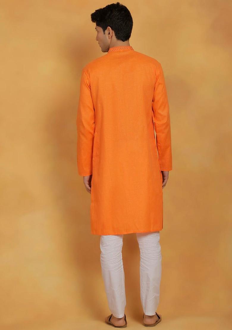 Orange Floral Print Poly Blend Kurta Set For Men