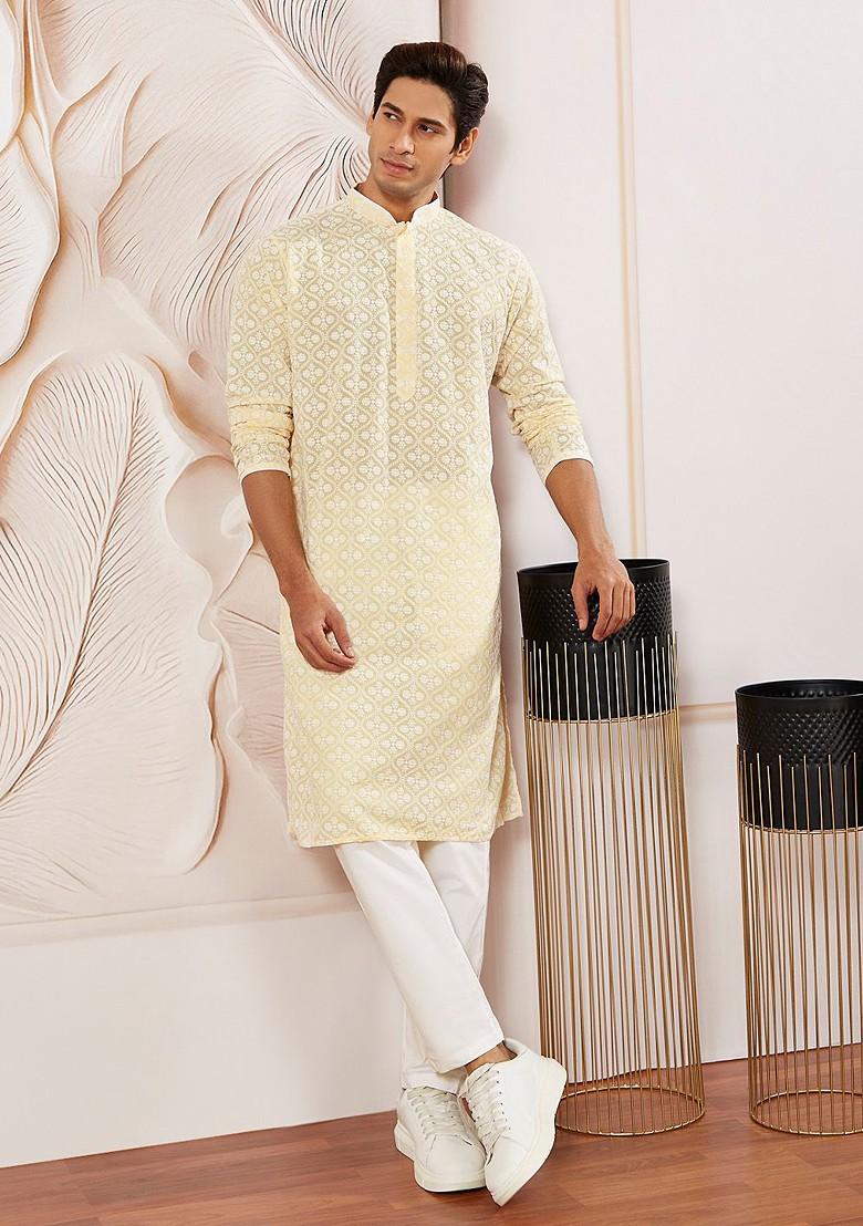 Yellow Ethnic Motifs Poly Blend Kurta Set For Men