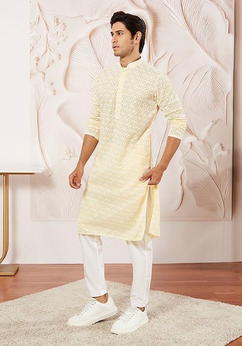 Yellow Ethnic Motifs Poly Blend Kurta Set For Men