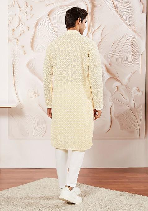 Yellow Ethnic Motifs Poly Blend Kurta Set For Men