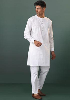 White Embroidered Poly Blend Kurta Set For Men